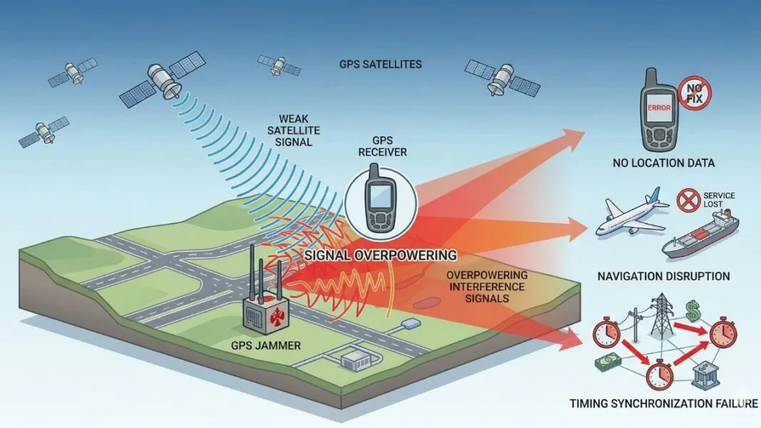 A 3D isometric cutaway illustration explaining GPS jamming, based on image_6.png. The top left shows GPS satellites emitting blue 'WEAK SATELLITE SIGNAL' waves trying to reach a central GPS RECEIVER. Directly below the receiver, a 'GPS JAMMER' (ground device) emits more powerful, overlapping red and orange 'OVERPOWERING INTERFERENCE SIGNALS' that swamp and collide with the satellite signals, preventing the receiver from locking on. A central text label reads 'SIGNAL OVERPOWERING'. On the right, three columns illustrate the consequences: (1) an ERROR screen and 'NO FIX' icon for 'NO LOCATION DATA'; (2) a plane and ship with service lost symbols for 'NAVIGATION DISRUPTION'; and (3) a network of infrastructure with red clocks for 'TIMING SYNCHRONIZATION FAILURE'. The ground terrain features roads and stylized infrastructure.