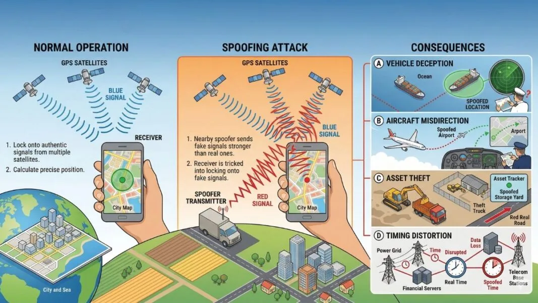 A comprehensive vector infographic illustrating GPS spoofing, It is divided into three main, interconnected sections: NORMAL OPERATION, SPOOFING ATTACK, and CONSEQUENCES. NORMAL OPERATION (Left): Three satellites (top) send correct 'BLUE SIGNAL' waves to a central hand-held RECEIVER showing an accurate 'City Map' position. Text points to: "1. Lock onto authentic signals..." and "2. Calculate precise position." Below is an isometric view of a "City and Sea" with a grid. SPOOFING ATTACK (Middle): Inside an orange frame, a truck-mounted "SPOOFER TRANSMITTER" (ground device with antenna) emits powerful 'RED SIGNAL' waves towards the RECEIVER, overpowering the original 'BLUE SIGNAL'. The phone screen now shows the location in a green circle, but with red interference waves. Text points to: "1. Nearby spoofer sends fake signals stronger..." and "2. Receiver is tricked into locking onto fake signals." Below is an isometric landscape of 'Farm Land and City' with connecting roads. CONSEQUENCES (Right): Four illustrated panels: (A) VEHICLE DECEPTION: A cargo ship with red 'Spoofed Location (Port)' vs. its true location on a radar map. (B) AIRCRAFT MISDIRECTION: An airplane cabin view and map showing red 'Spoofed Airport' vs. true route. (C) ASSET THEFT: An excavator being stolen onto a 'Theft Truck' while its 'Asset Tracker' shows a green dot in a 'Spoofed Storage Yard'. (D) TIMING DISTORTION: A network of 'Power Grid', 'Financial Servers', and 'Telecom Base Stations' with red clocks and 'Time Disrupted' symbols, contrasting 'Real Time' vs. 'Spoofed Time'. A 'Data Loss' icon is present. The entire image uses color coding (blue for real/safe, red for spoofed/dangerous) to guide the viewer through the concept.