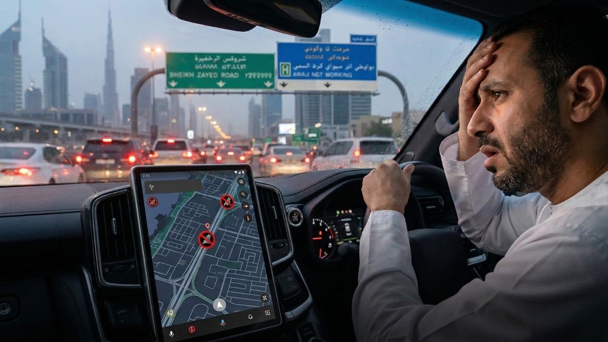 A candid, close-up interior photograph of a modern car's center console and dashboard, taken from the front passenger seat on the Sheikh Zayed Road in Dubai. It is a rainy, slightly hazy evening, and traffic is heavy. The car is an SUV. The foreground is dominated by the large, integrated center console infotainment screen, which is entirely black except for a prominent red circle with a diagonal line through it (a generic 'forbidden' sign) overlaid over a simple GPS satellite icon. At the bottom of the black screen, large, clear yellow text reads: "GPS SIGNAL LOST. REDIRECTING NOT AVAILABLE." In the reflection of the black screen, blurred dashboard lights and a faint distortion of the driver's face are visible. The driver, a Middle Eastern man with a short beard, is in the driver's seat, viewed from the shoulder up. His hand is to his forehead, his face contorted in frustration and stress, mouth slightly agape in a tense sigh. He's glancing at the black screen and then out the window, looking lost. The view through the windshield shows traffic, multiple lanes with red brake lights from other cars, and large, green and blue highway signs that are completely illegible, generic shapes only, adding to the feeling of confusion. Rain streaks cover the windshield, blurring the blurred silhouettes of the Dubai skyline's modern skyscrapers (like Burj Khalifa) and other road users. The overall mood is tense, frustrated, and urban disorientation. The camera focus is on the driver's face and the prominent 'NOT WORKING' indicators on the GPS screen and the road signs.