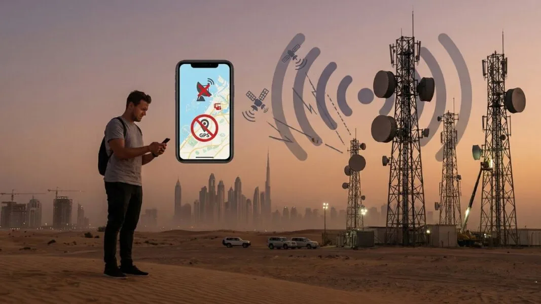 An composite photograph taken at sunset in a vast desert landscape near a modern city skyline. A man stands on the left on a dune, looking down with a frustrated expression. Overlaid in the sky above him is a large smartphone with a crossed-out GPS icon on its navigation map. A small, separate crossed-out satellite dish symbol is also present. From a network of telecommunications towers on the right, large red arcs representing 'Jamming Signals' and 'Spoofing Waves' emanate, disrupting the weak 'Satellite Signals' (blue lines from distant satellites). The entire scene uses a red-to-orange warm twilight palette, emphasizing communication disruption. The city skyline in the far distance is blurred by dust.
