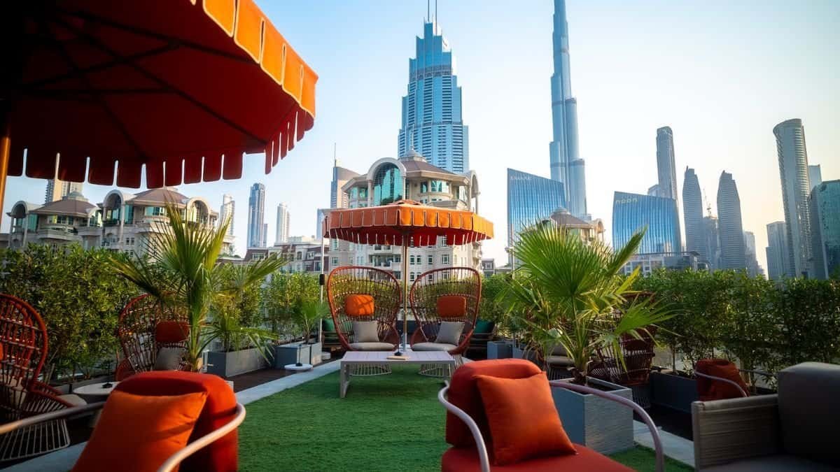 Rowley's Restaurant Dubai waiting area with burj Khalifa views