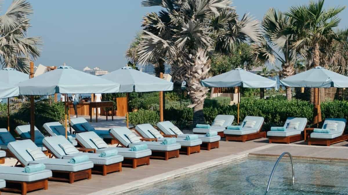 La Cantine Beach sunbeds and pool on Bluewaters Island