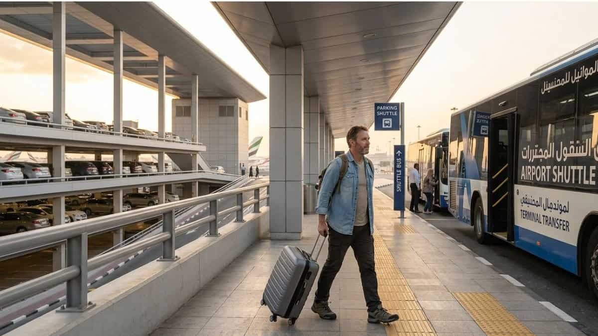 Traveller with a suitcase walking to an airport parking shuttle bus in Dubai