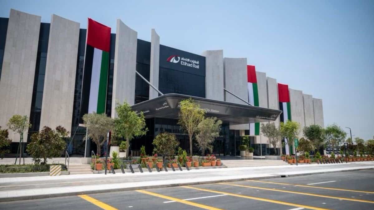 Etihad rail station in Dubai at Jumeirah Golf Estates