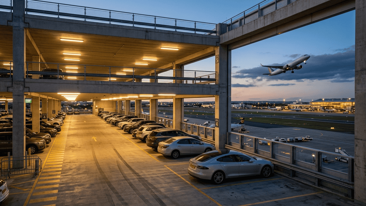 Multi-storey airport car park at Dubai airport at dusk with a passenger jet taking off