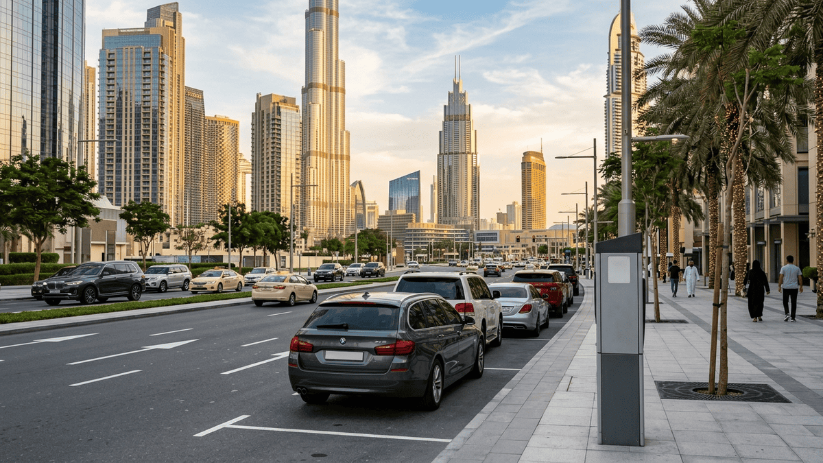 Cars parked in a roadside paid parking bay on a Downtown Dubai street at golden hour