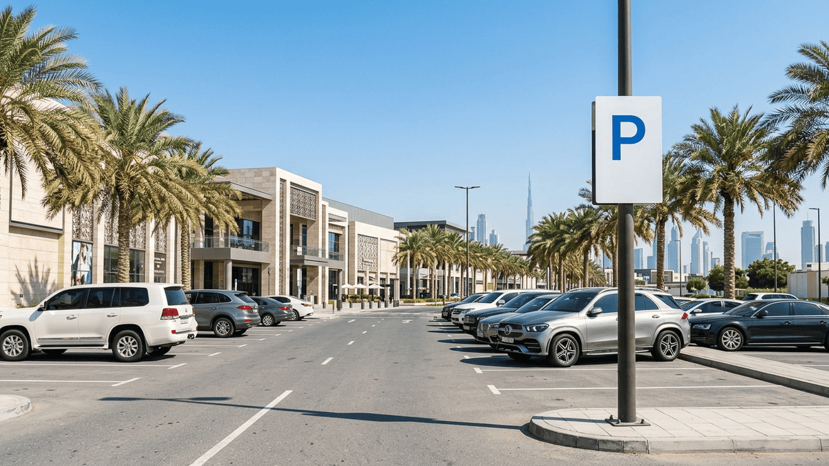 Free open-air mall parking in Dubai with a P sign and Burj Khalifa skyline behind