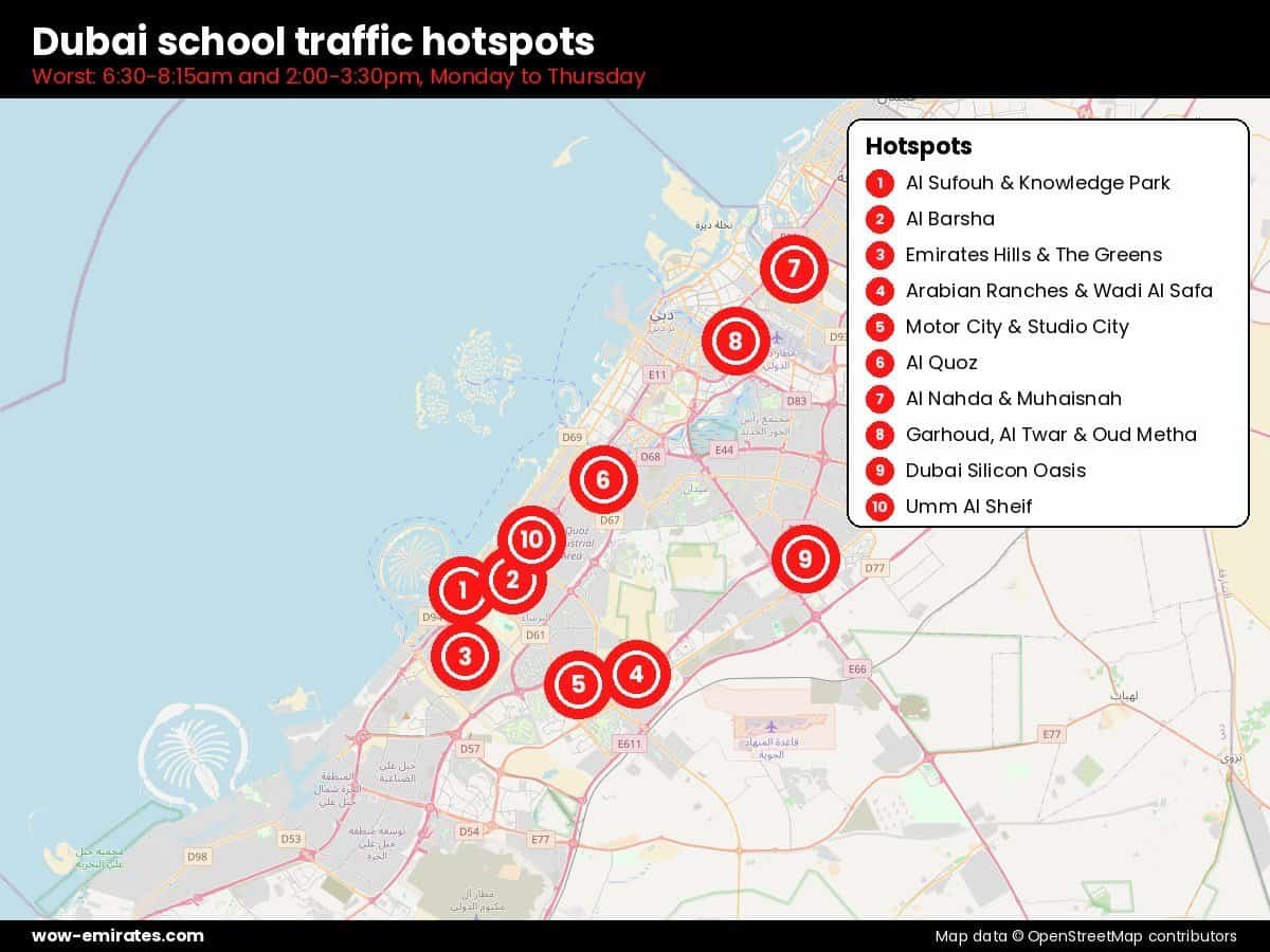 Map of Dubai marking 10 school traffic hotspots from Al Sufouh to Al Nahda